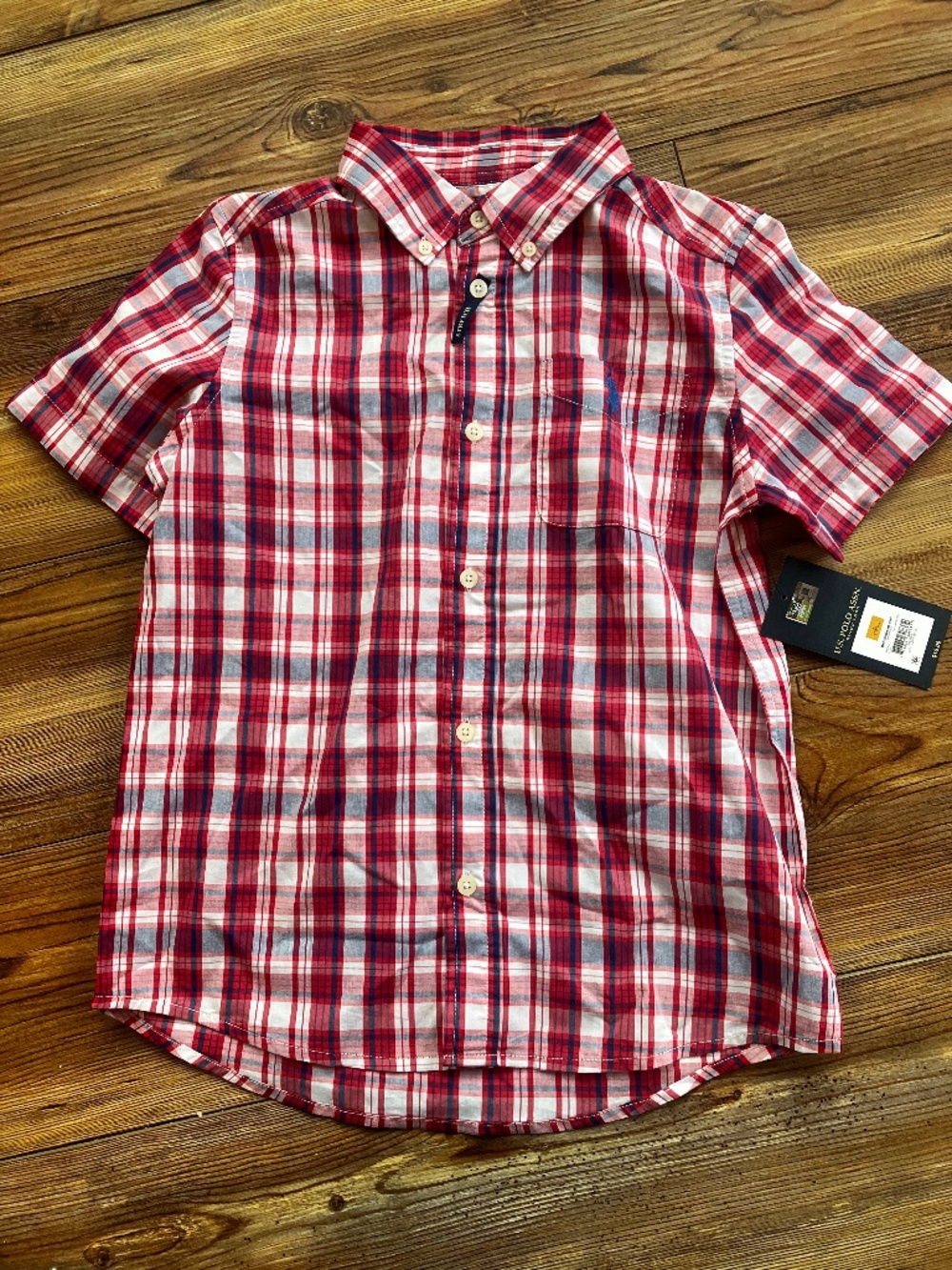 U.S. Polo Assn. Short Sleeve Button-Up Shirt for Boys, Size L(10/12) Plaid Red
